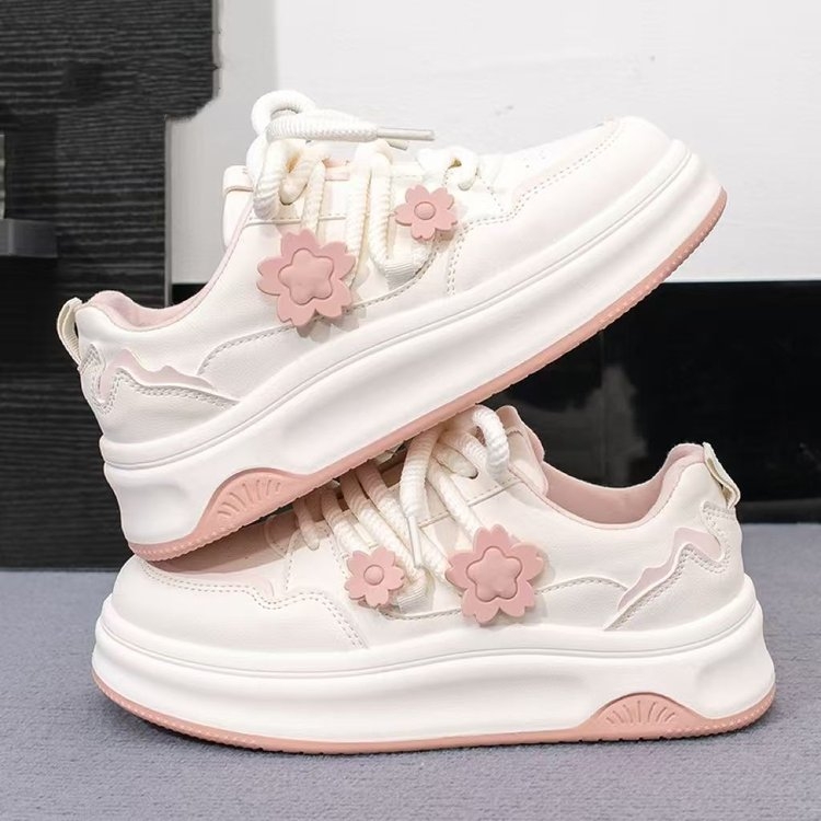 2025 Spring New Women's Cherry Blossom Pink White Sneakers Niche Chic Versatile Casual Thick-Soled Board Shoes Height Increasing